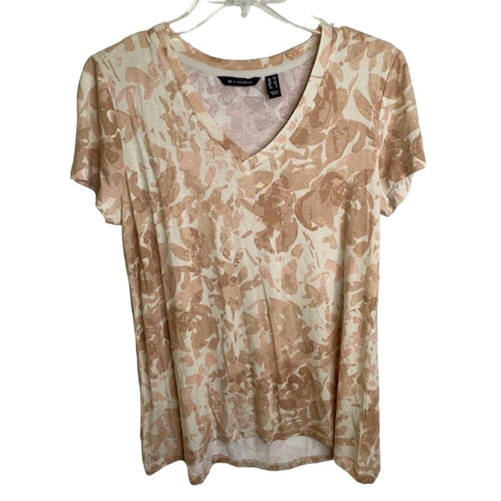 H by Halston Floral Tonal Taupe/Cream V-Neck Short Sleeve Top Sz‎ XS